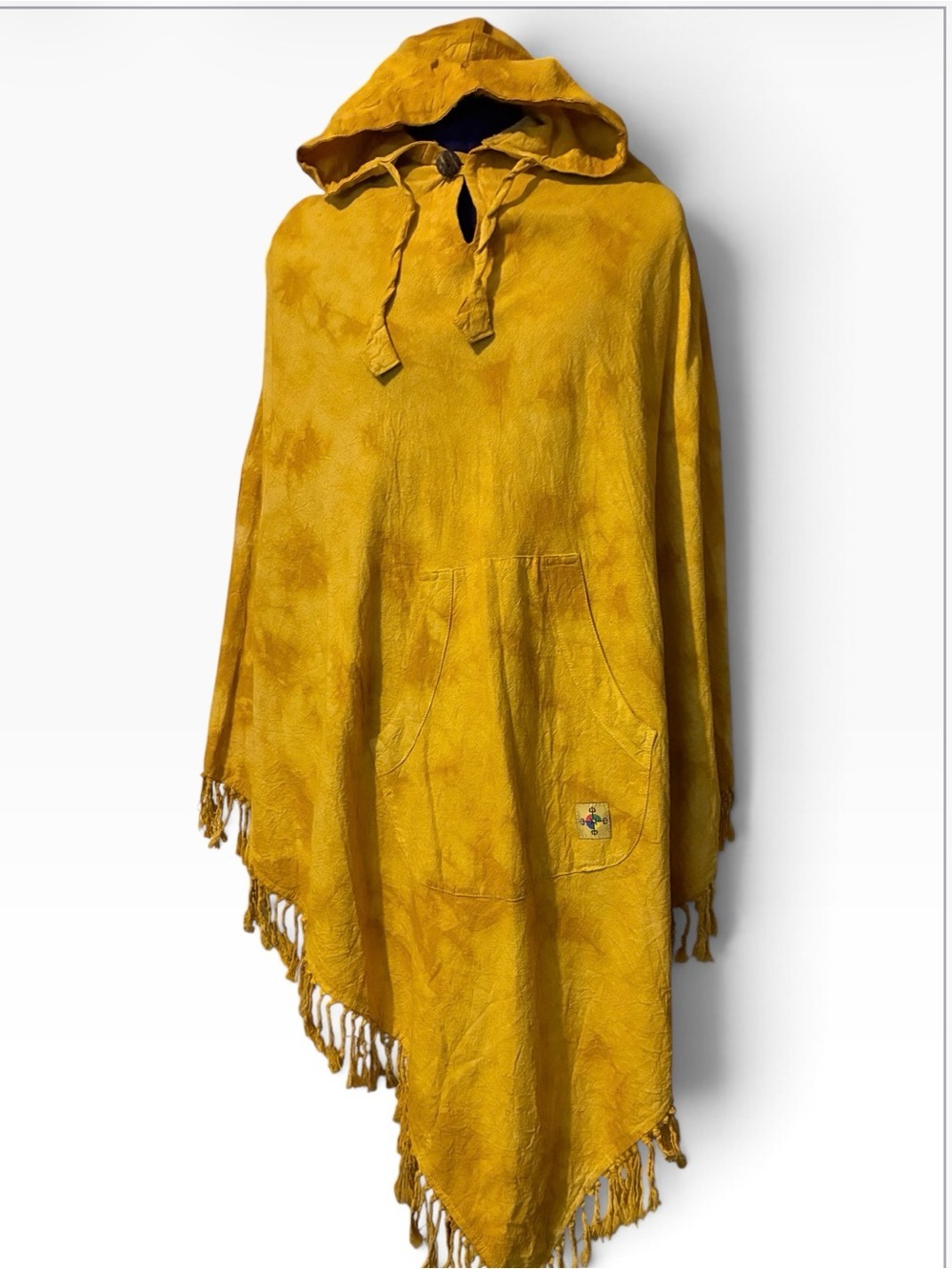 Unisex Mustard Yellow Boho Hooded Fringe Poncho - Versatile Layering